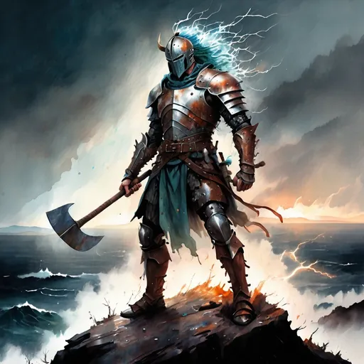 Prompt: Muted watercolor illustration of a skinny tall man in rusted armor head to toe and tattered clothing wrapped around the armor, wielding a silver pole axe crackling with electricity, dark ocean view from atop a hill, dramatic lighting, high quality, watercolor, muted tones, detailed armor, atmospheric, electric sparks, dramatic ocean view, tall and skinny figure, expressive details, professional
