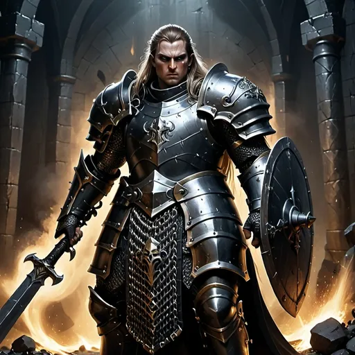 Prompt: Oathbreaker Paladin clad in black chainmail. He is older and stands 6 foot 3 inches. He wields a Warhammer and a shield. He has a black aura permeating from him.