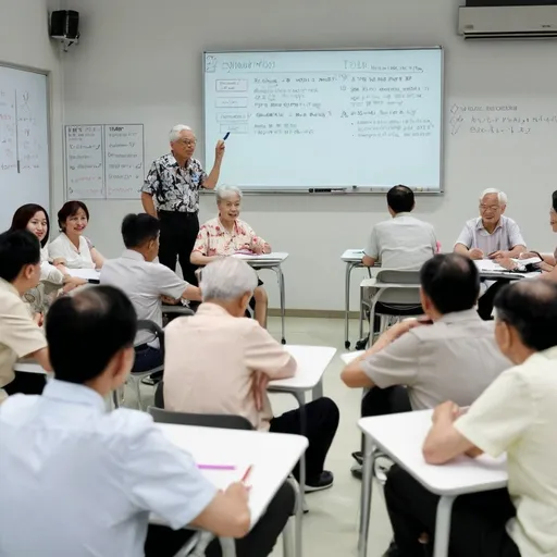 Prompt: A table of Singapore seniors seated in front of a modern classroom with a whiteboard, the wordings on the whiteboard is Transactional Analysis