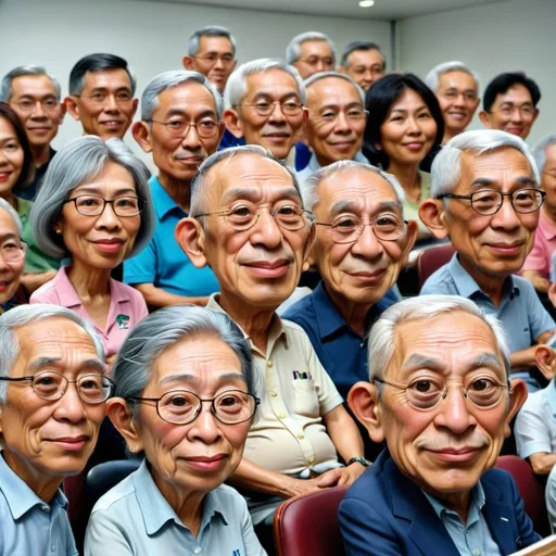 Prompt: cartoon painted caricature of several Singapore seniors, consisting of both male and female, attending a class