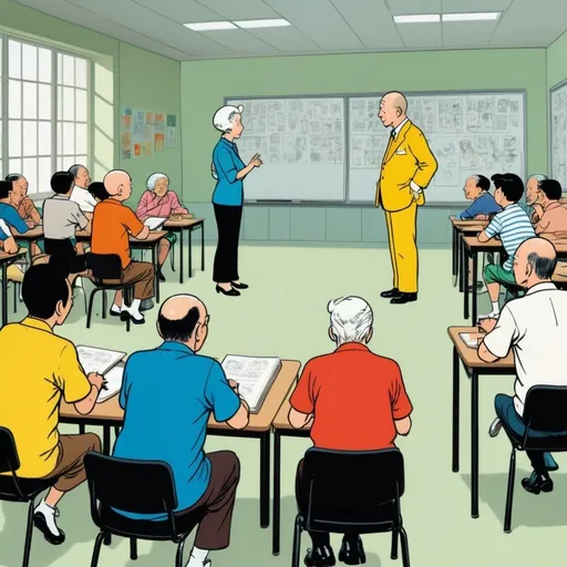 Prompt: Backview of Singapore seniors, consisting of males and females, having discussions with a teacher, in a modern classroom seting, in Tintin style by Hergé