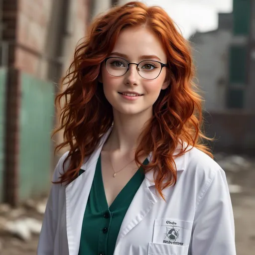 Prompt: <mymodel> girl, 20 year, red wavy hair, glasses, lab coat, experiments with radiation