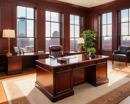 Prompt: executive mahogany desk, (focus on details), warm lighting, (inviting atmosphere), big bright windows showcasing a panoramic view of Boston, (high quality detail), polished textures, organized workspace with elegant accessories, subtly reflecting the professionalism of a business office, (clear vistas of urban landscapes), bright daylight pouring in, enhancing the ambiance