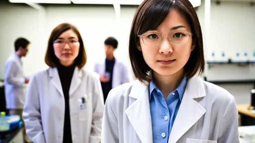 Prompt: A female Japanese scientist in a lab coat. She looks like she made a discovery. Chemistry lab in the background. Colleagues in picture but not the focus.