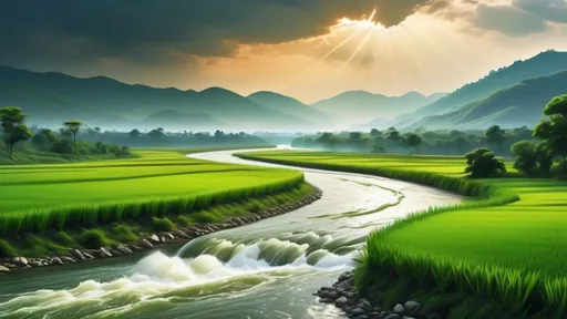 Prompt: (rolling landscape), river flowing majestically from left to right, gentle hills gracefully undulating in the distance behind the river, electric atmosphere filled with excitement, dynamic skies overhead, hawks flying, lush greenery flourishing along the riverbanks, cinematic quality, serene yet invigorating ambiance, an enchanting scene that captivates the senses.