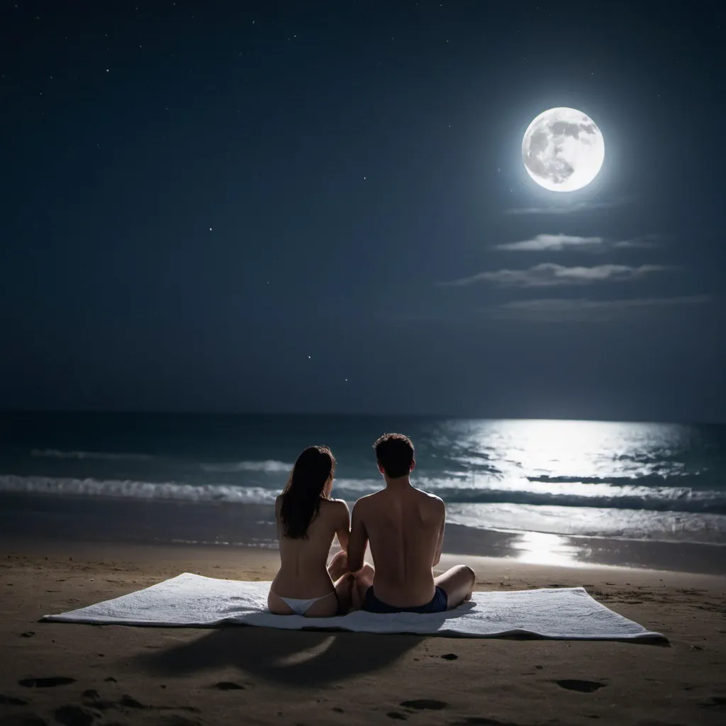 Prompt: At night, two lovers are sitting in the middle of the beach watching the sea. Fresh from the sea, they both share a towel. We see them from a distance, the only light around is the moonlight.