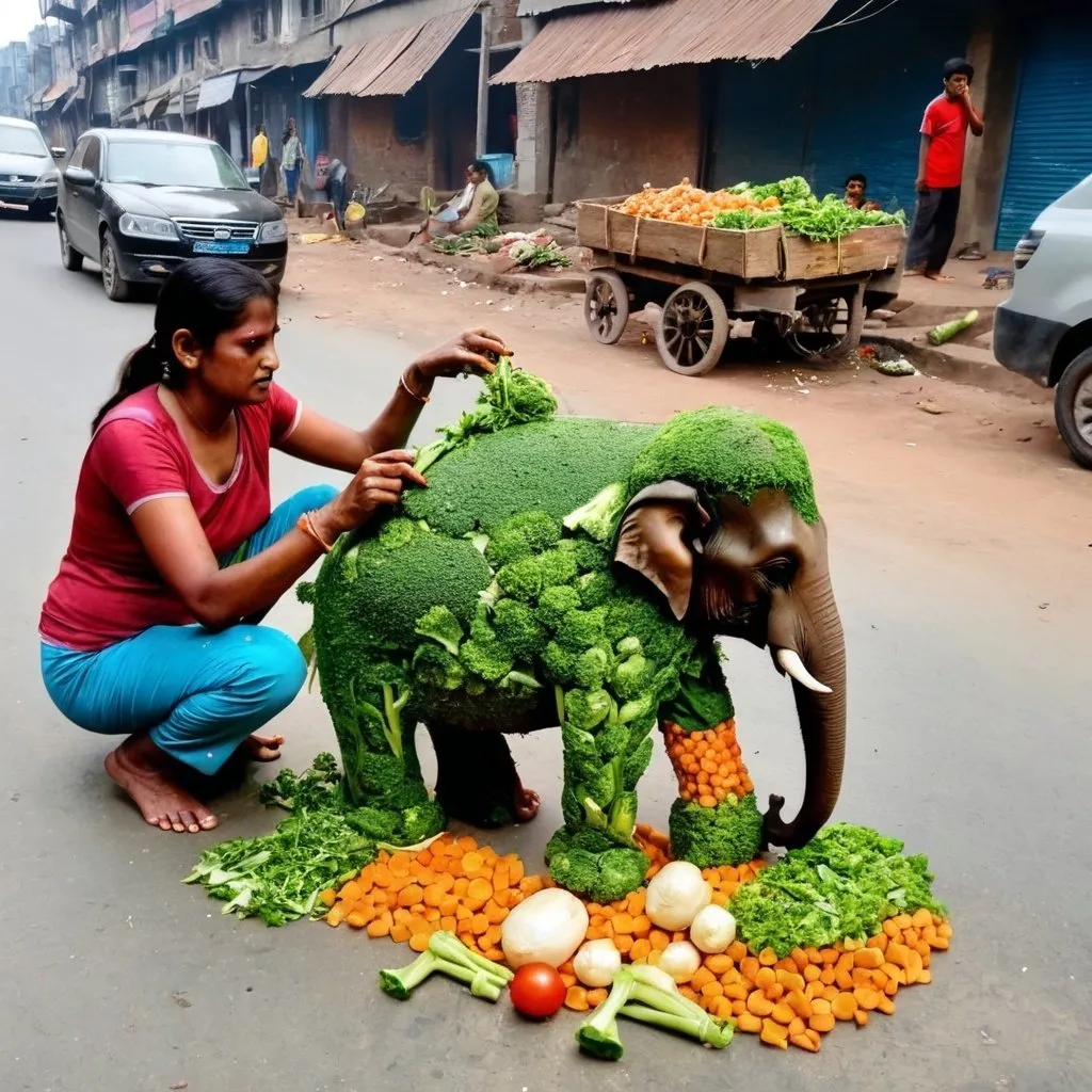 Prompt: A poor woman making elephant from vegetables on street.