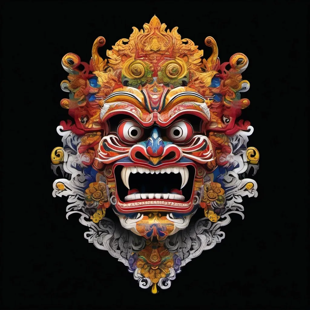 Prompt: (scary barong bali), striking and formidable expression, intricate and detailed mask design, bold colors with deep shadows, ominous aura, (high contrast), blank white background, emphasizing the frightening elements, (ultra-detailed), high definition, evoking a sense of foreboding and mystery, intriguing yet unsettling visual impact.