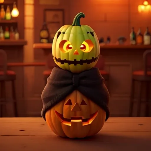 Prompt: empty spooky Halloween pumpkin head shaped bar

