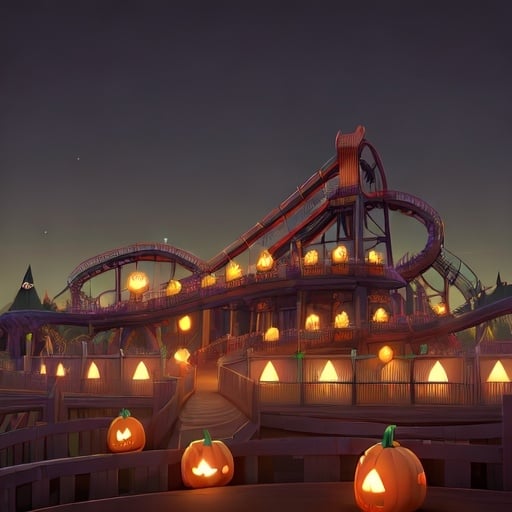 Prompt: empty spooky Halloween style rollercoaster track