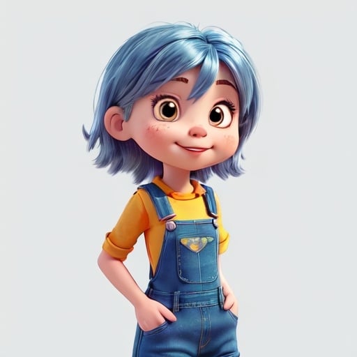 Prompt: Pumpkin young girl character, wearing blue denim dungarees, friendly demeanour, playful, t-pose, simple design, 2D