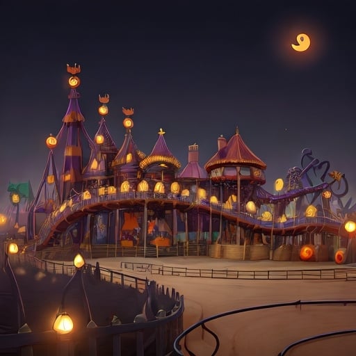 Prompt: empty spooky Halloween style rollercoaster track, sideview