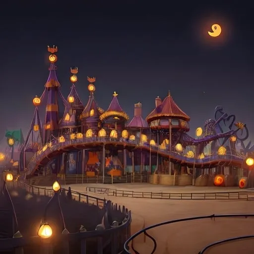 Prompt: empty spooky Halloween style rollercoaster track, sideview