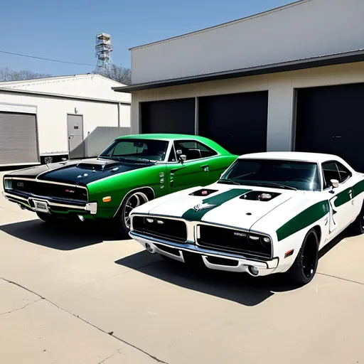 Prompt: An Philadelphia eagle themed SRT hell cat charger with custom matching paint green and white and it next to a 1970 charger w blower Philadelphia eagle themed paint Jobe and custom rims with two baddie Latinas in matching Philadelphia eagle green white  bathing suite small breast and very large boity super bowl LIX Winners