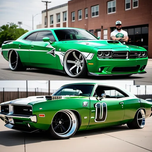 Prompt: An Philadelphia eagle themed SRT hell cat charger with custom matching paint green and white and it next to a 1970 charger w blower Philadelphia eagle themed paint Jobe and custom rims with two baddie Latinas in matching Philadelphia eagle green white  bathing suite small breast and very large boity super bowl LIX Winners