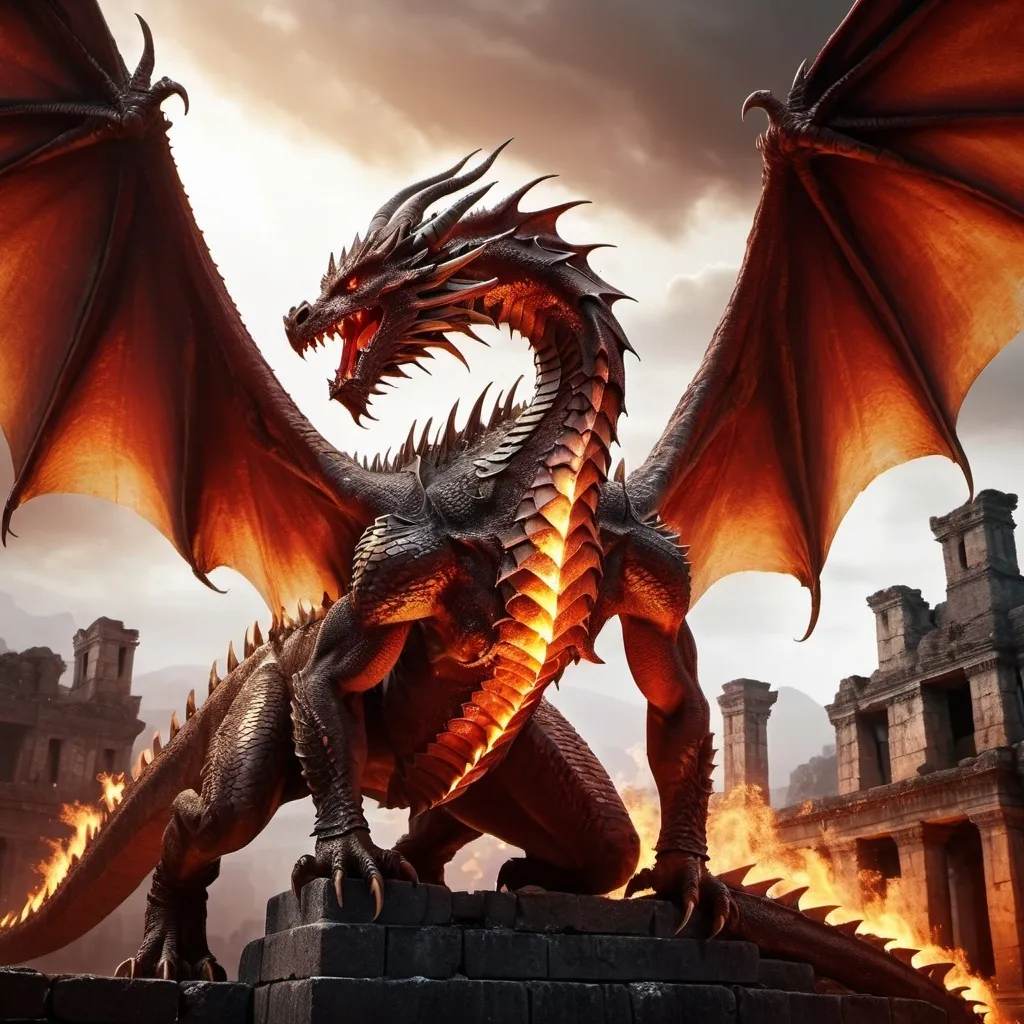 Prompt: (dragon), epic fantasy, highly detailed scales, sharp teeth, powerful wings, dynamic pose, breathing fire, dramatic lighting, deep fiery red and golden tones, mythical environment, ancient ruins in the background, misty and smoky atmosphere, cinematic, ultra-detailed, 4K, high contrast, intense, awe-inspiring, majestic, grand and powerful mood