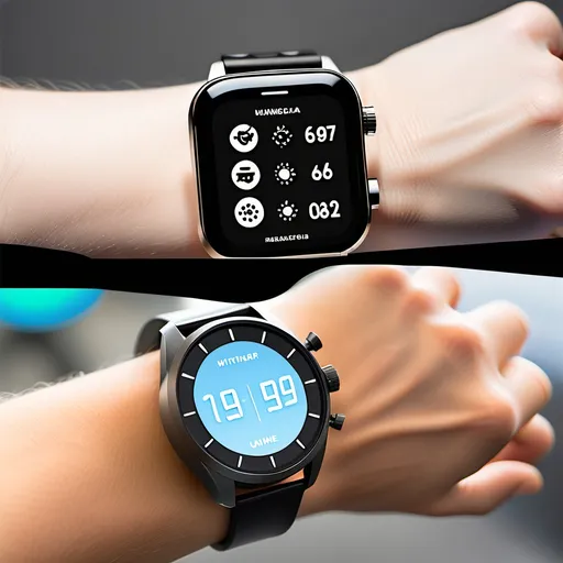 Prompt: One wristwatch with two displays side by side, one digital and one with an analog watch, many buttons at all sides of the watch, more buttons in the visible part of the bracelet, weather icons shown, on an arm that looks young. both displays show the same time.
