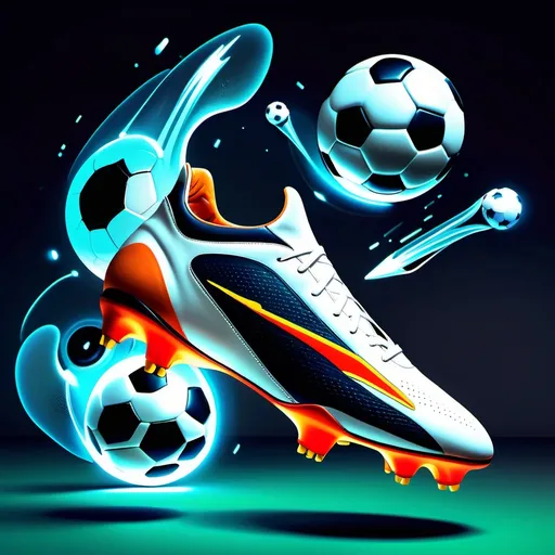 Prompt: Ein Bild von Fussballschuhen im futuristischen Stil. An den Schuhen sollen kleine Raketen befestigt sein. Ein Ball wird getreten.