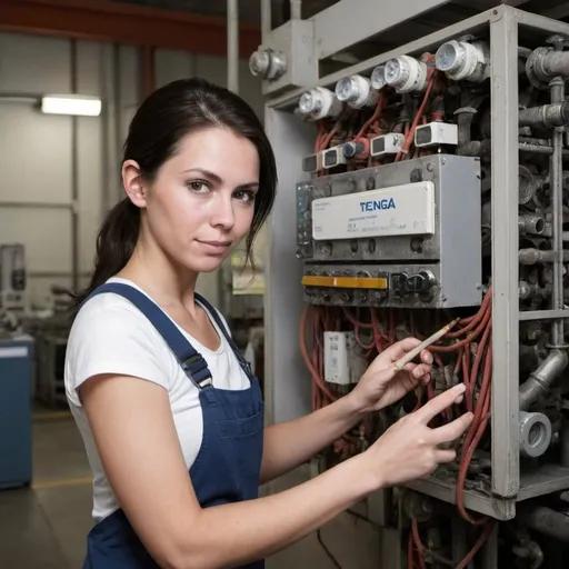 Prompt: crea una imagen donde una mujer tecnico en mantenimiento industrial tenga en sus manos un meddos de temperatura y se encuentre en instalaciones industriales, que sea un dibujo a moano 