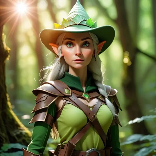 Prompt: Elf ranger in a mystical forest around sunlight