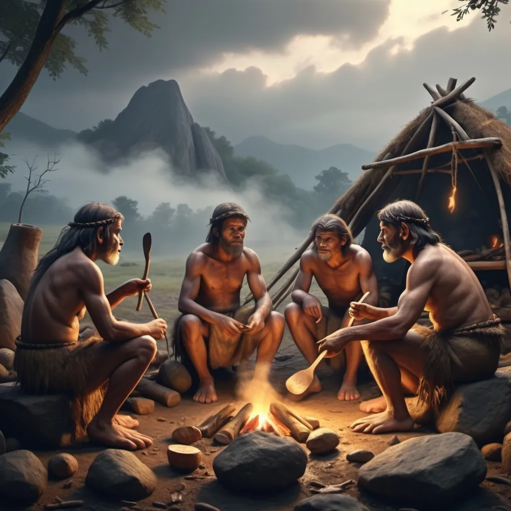 Prompt: (prehistoric scene), four primitive people cooking, gloomy overcast sky, rugged stone age environment, natural textures and colors, warm earthy tones, detailed expressions, traditional utensils, campfire glow, misty atmosphere, soft shadows, rhythm of daily life, ultra-detailed, 4K, cinematic perspective.