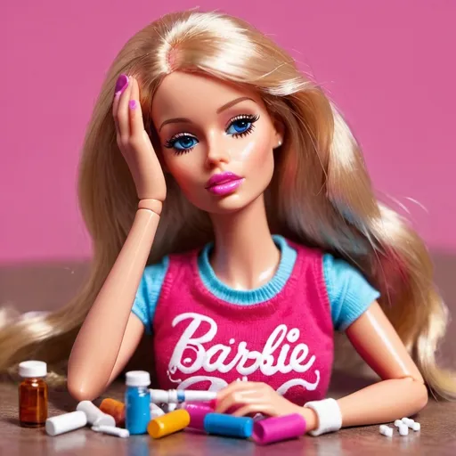 Prompt: Tired Barbie doing drugs