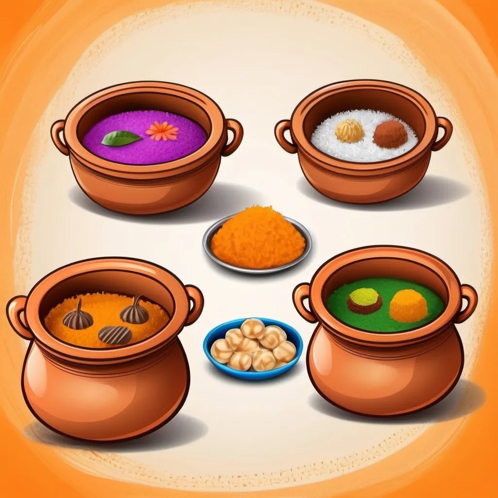 Prompt: draw two pots and name them maharashtra and odisha ,use your creativity  to write the names of the famous food /sweets prepared during any  3 festival of maharastra and odisha. For kids