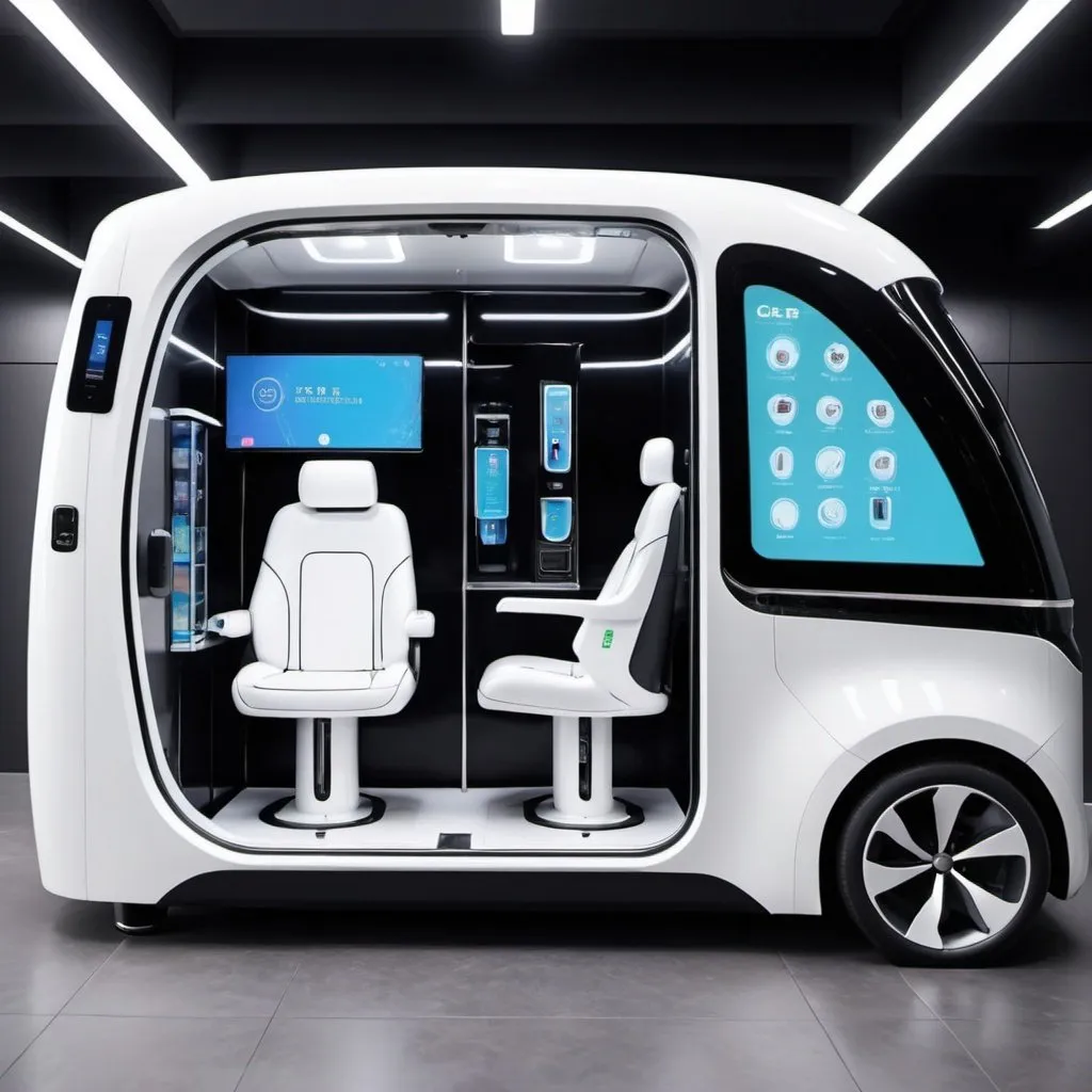 Prompt: Driverless car with Temperature adjustment and has Beverage vending machine, the car is like tesla， has a very large space, there is a small refrigerator in the car, close to back seat, the back seat could sit or lie down