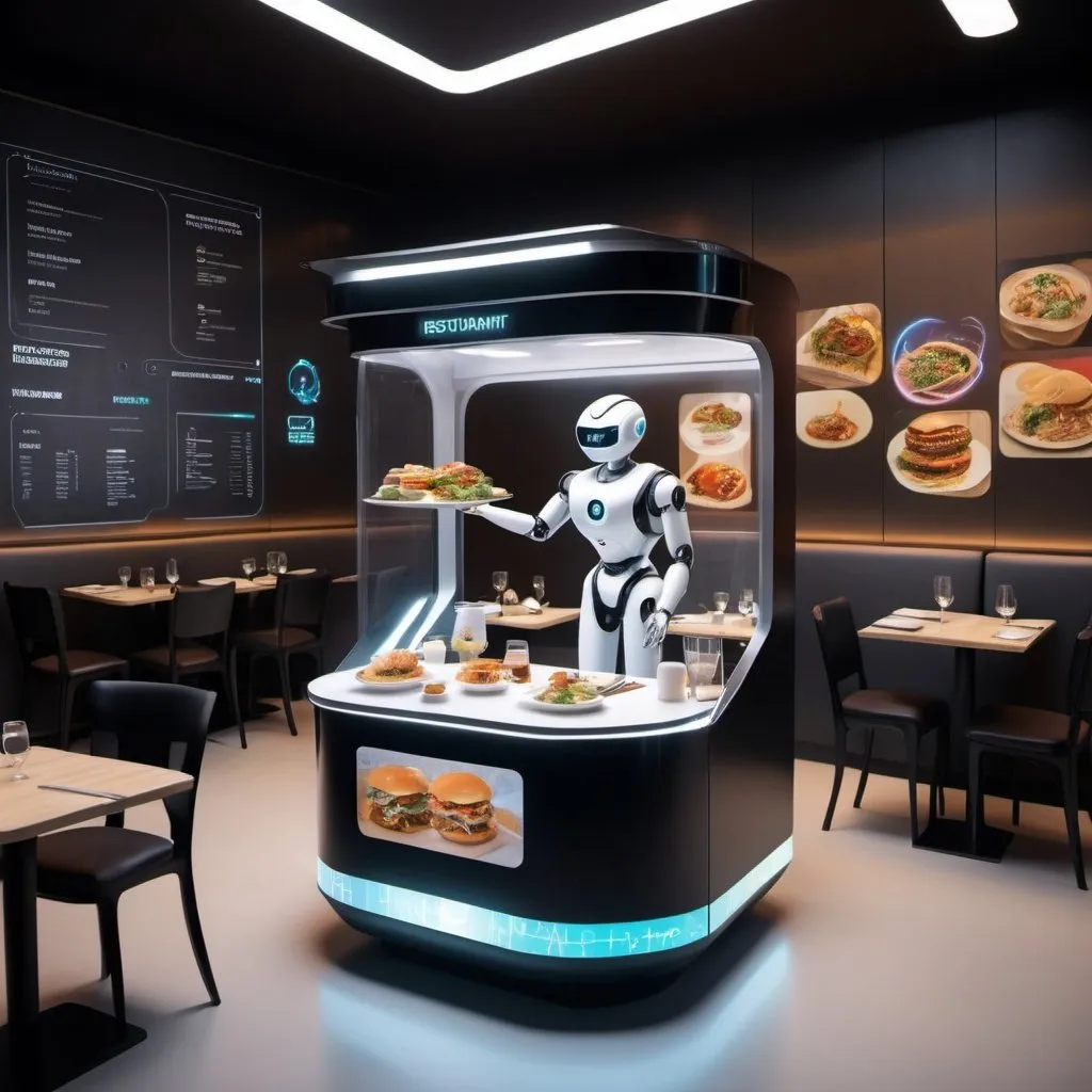 Prompt: Future restaurant has holographic menu, and also the robot like mini mobile food carts that can do food delivery