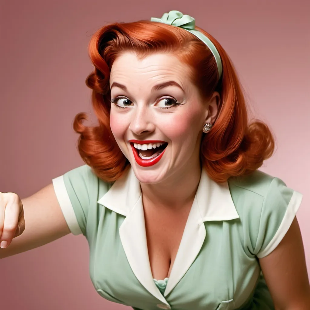 Prompt: 1950s housewife party pinup hostess smile laugh head back pointing finger
 red hair