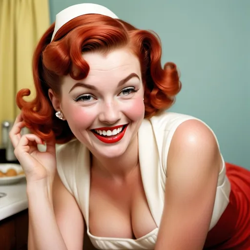 Prompt: 1950s housewife party pinup hostess smile laugh head back  winking party small wave


red hair sober