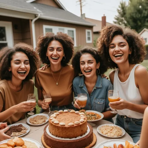 Prompt: vintage brown women happy with friends 2020 different ages at a 
neighborhood party with food

