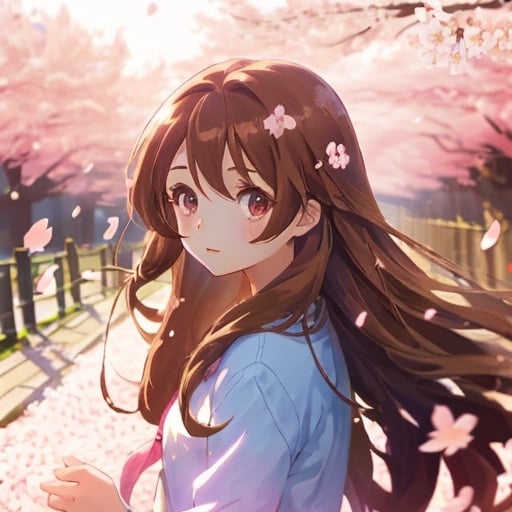 Prompt: girl with long brown hair against the background of cherry blossoms, soft lighting, anime styled