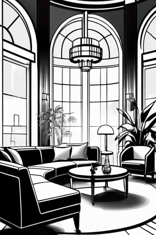 Prompt: Drawing, Outline of art deco interior, black and white, living room, window, chandelier, plants, outline, fine lines, drawing, medium contrast, wooden furniture, sofa, art Deco style, round shapes, medium contrast, detailed architecture, good lighting, sketched texture, interior design, professional drawing, natural lighting, outline only