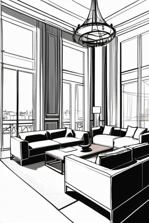 Prompt: Outline of a sketch of a modern parisian interior, drawing, high detail, medium contrast, monochrome, high ceiling, central sofa, wooden table, modern style, detailed architecture, good lighting, sketched texture, interior design, elegant, professional drawing, natural lighting