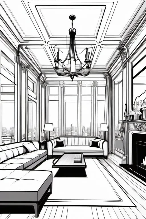 Prompt: Outline of modern parisian interior, outline, drawing, high detail, medium contrast, monochrome, high ceiling, central sofa, wooden table, modern style, high contrast, detailed architecture, good lighting, sketched texture, interior design, elegant, professional drawing, natural lighting