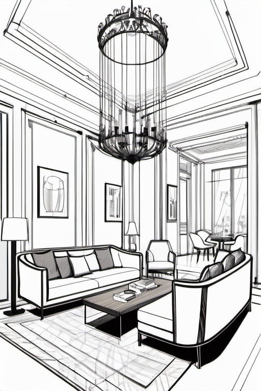 Prompt: Outline of modern parisian interior, outline, drawing, high detail, medium contrast, monochrome, high ceiling, central sofa, wooden table, modern style, high contrast, detailed architecture, good lighting, sketched texture, interior design, elegant, professional drawing, natural lighting