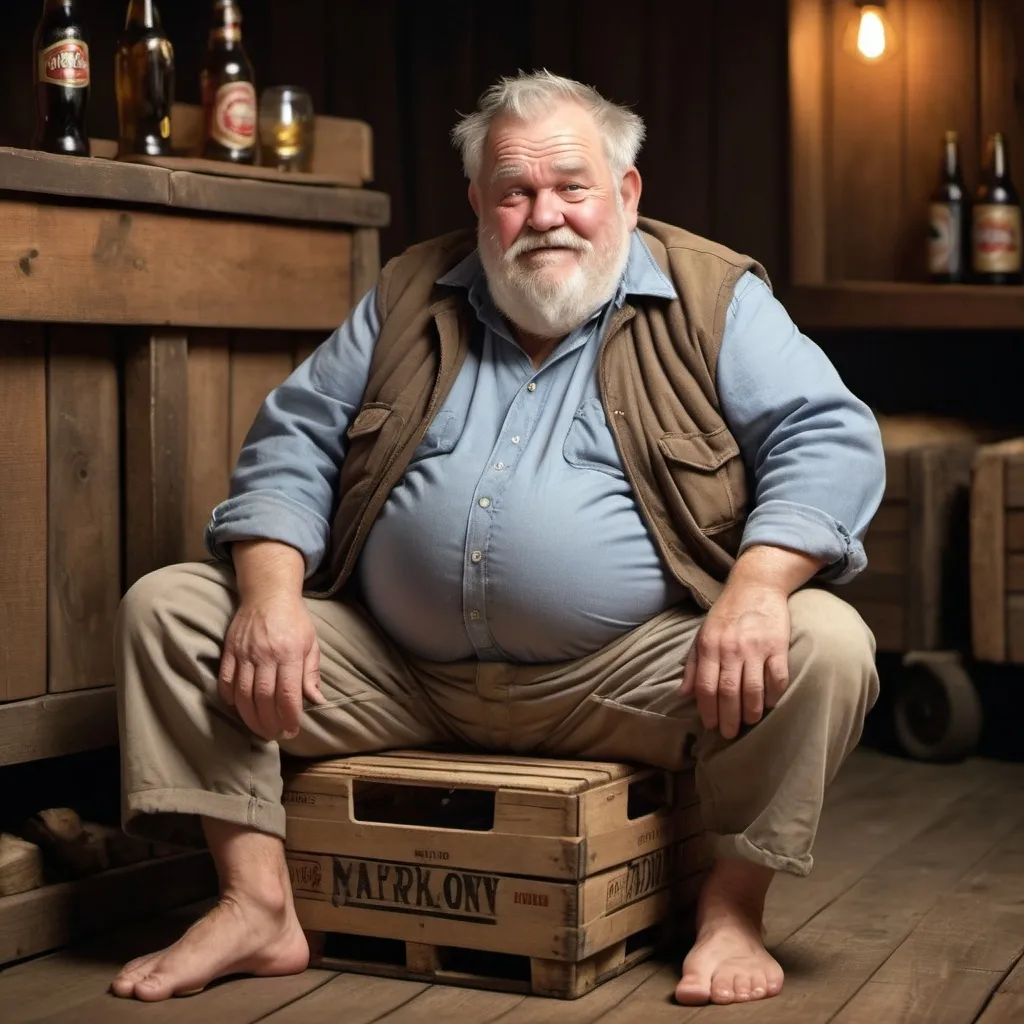 Prompt: A 70 year old overweight white man with a grey beard leaning into his lap whilst sitting on an upside down beer crate with bare feet