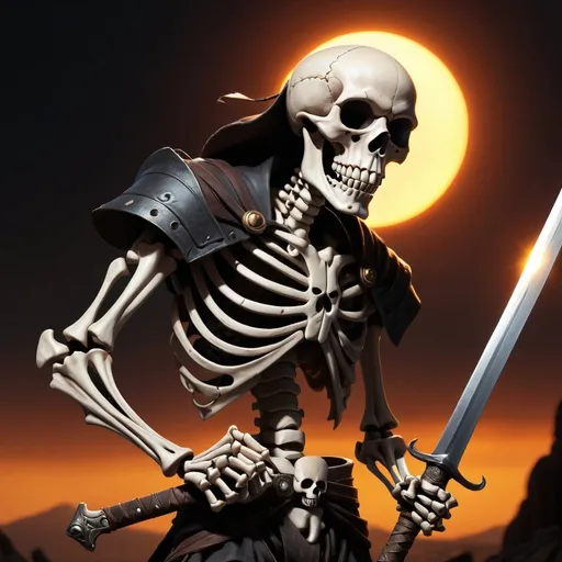 Prompt: A skeleton head man holding sword in a dark sun font