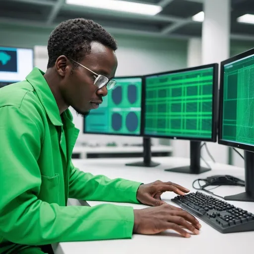 Prompt: An African engineer in a green clothing is analysing data on a series of computer screens in a modern lab
