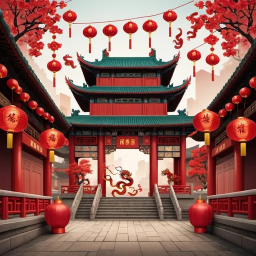 Prompt: Create an AI-generated image featuring the Chinese New Year theme, incorporating the Snake zodiac sign. The scene should vividly depict Foshan culture, highlighting elements such as traditional Lingnan architecture, Cantonese opera, and lion dancing. Ensure the image captures the festive atmosphere with vibrant colors, intricate details, and cultural symbols like red lanterns, firecrackers, and traditional Chinese motifs. In the style of a 12 year old art project. 