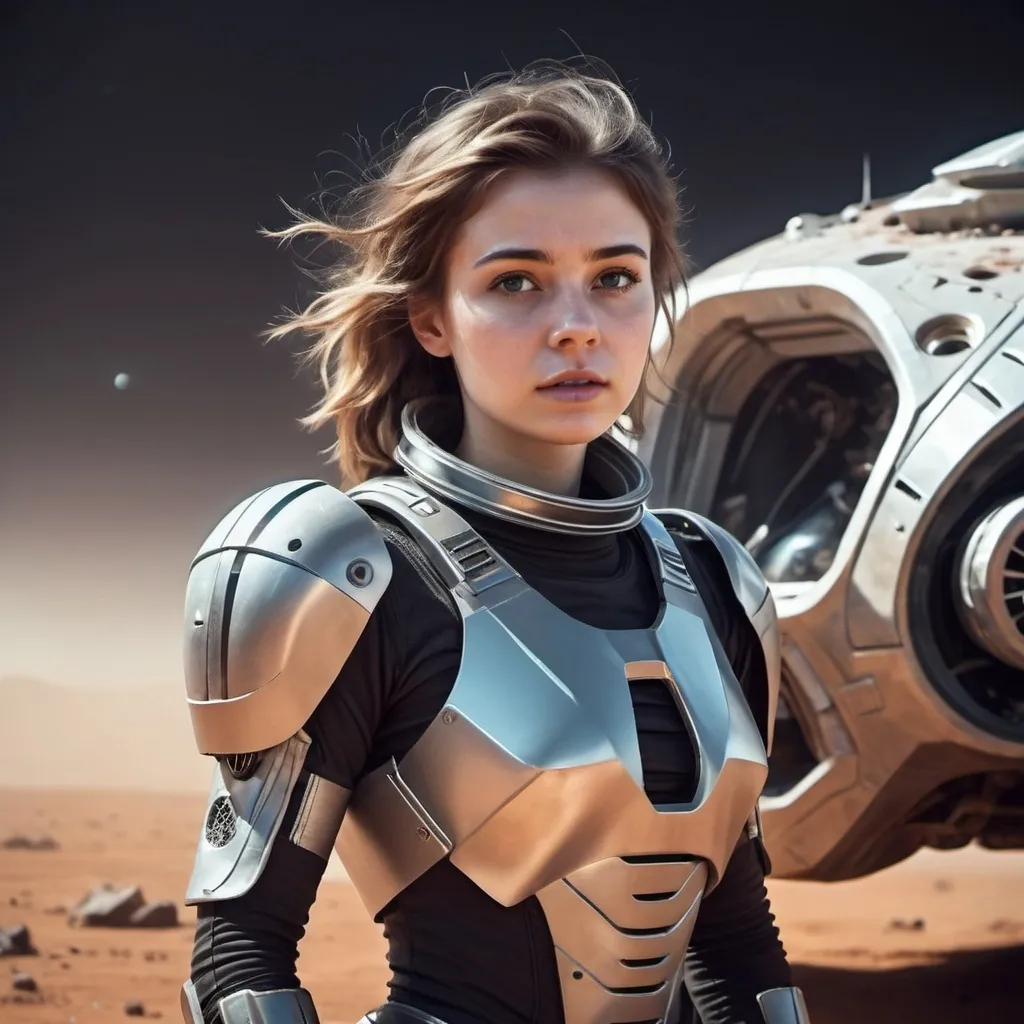 Prompt: young woman in space armor on dusty planet trying to repair futuristic space car, 