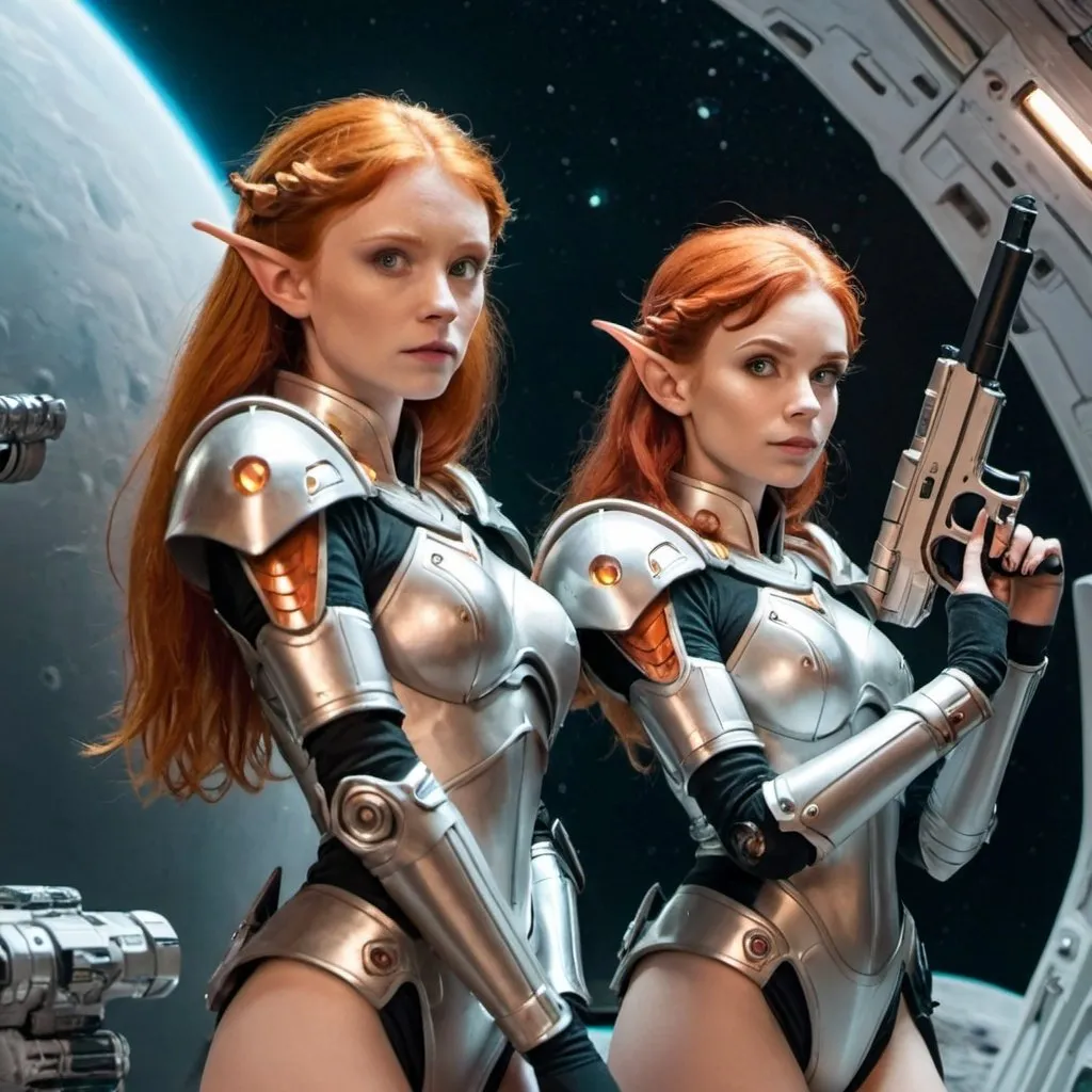 Prompt: two elf girls, ginger hair, in space armor standing with space guns
