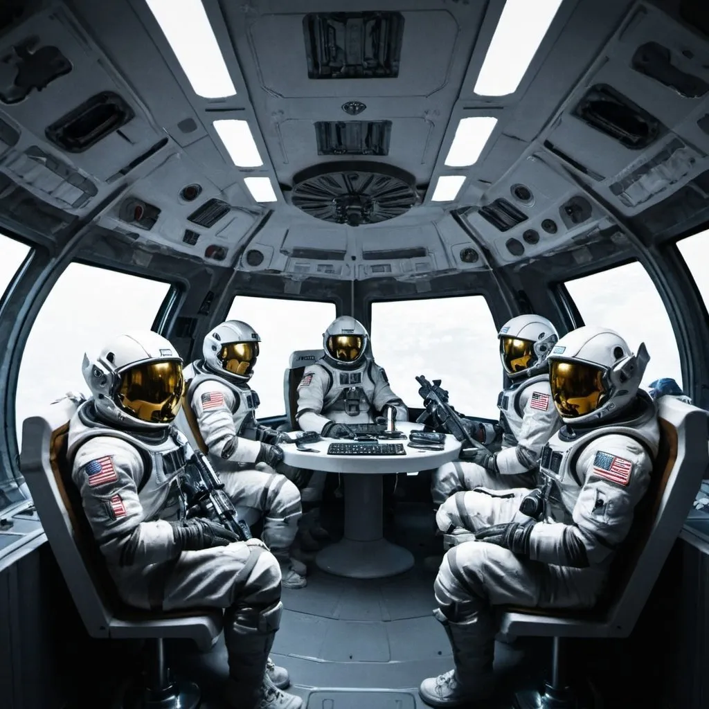 Prompt: space soldiers seated inside space craft