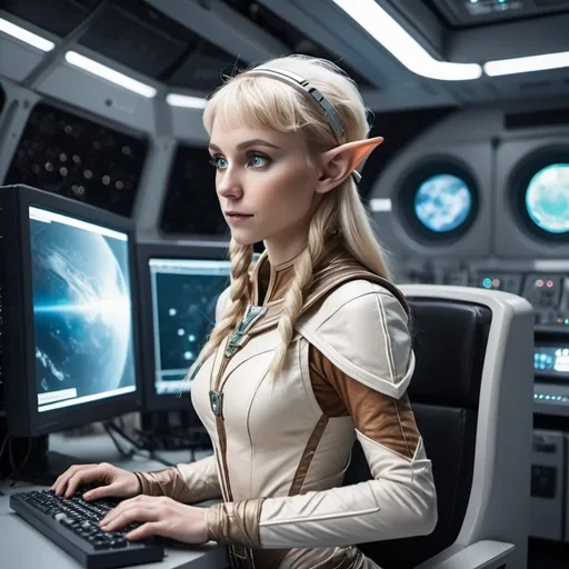 Prompt: short blonde elf  woman  in space outfit facing giant computer console in future