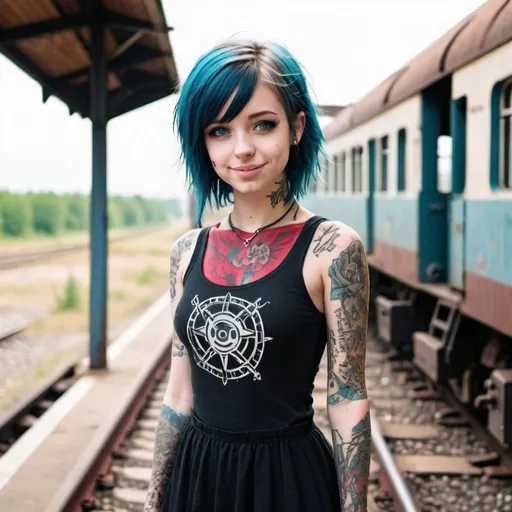 Prompt:  emo girl, with tattoos standing in deserted railroad   station with small chest, blue eyes, cute smile