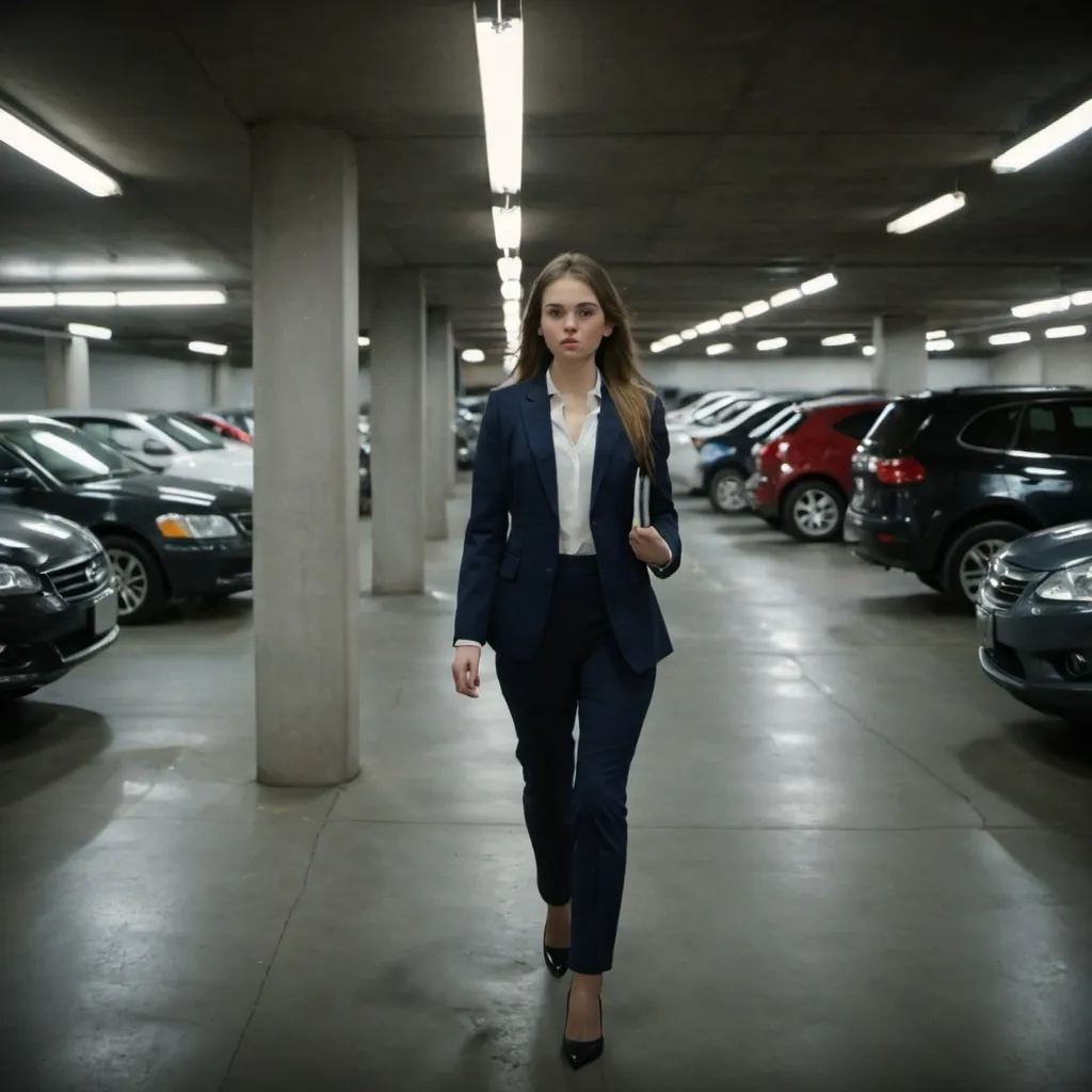 Prompt: young woman in business suit walking in parking garage, more cars
