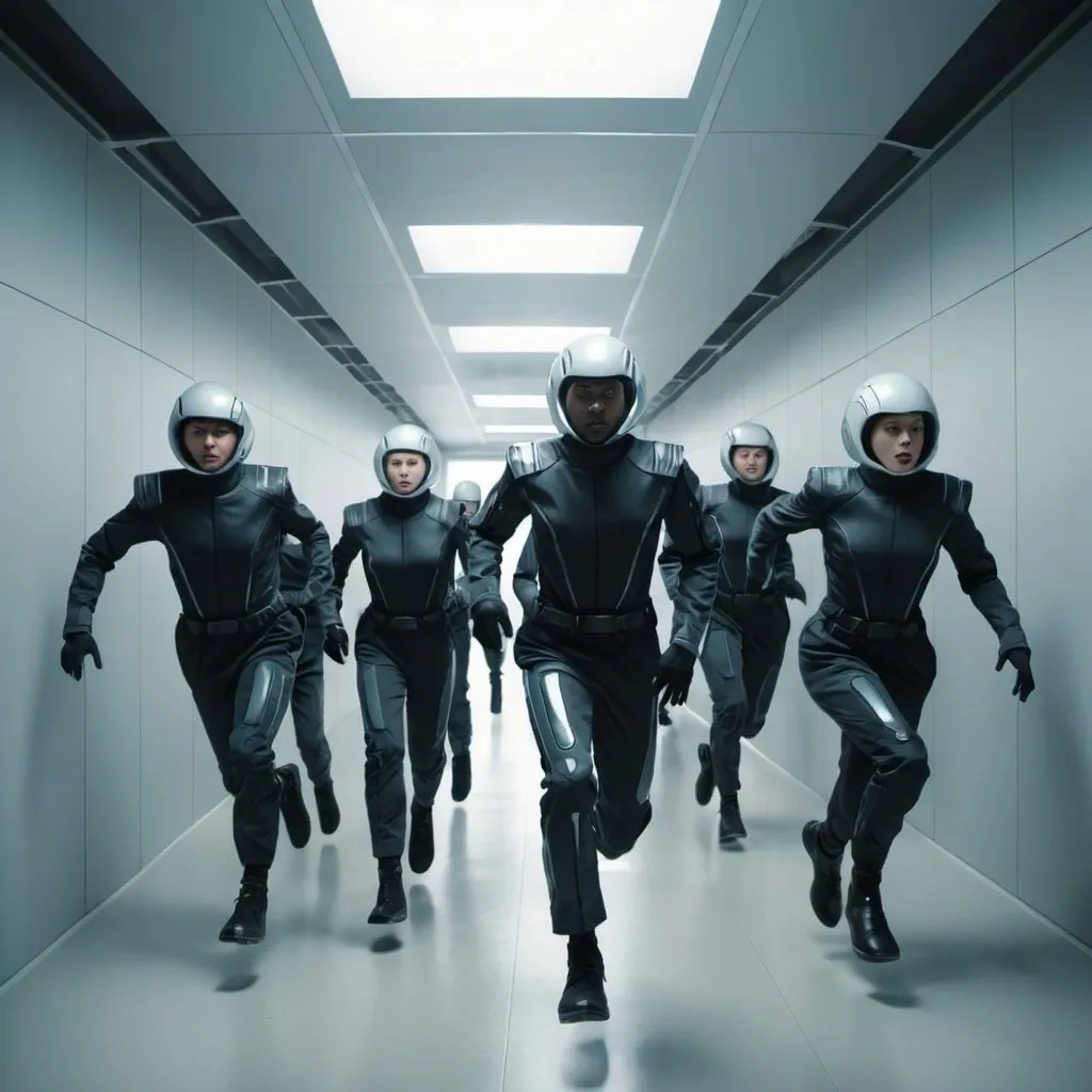 Prompt: people  in futuristic  uniforms running out of a room