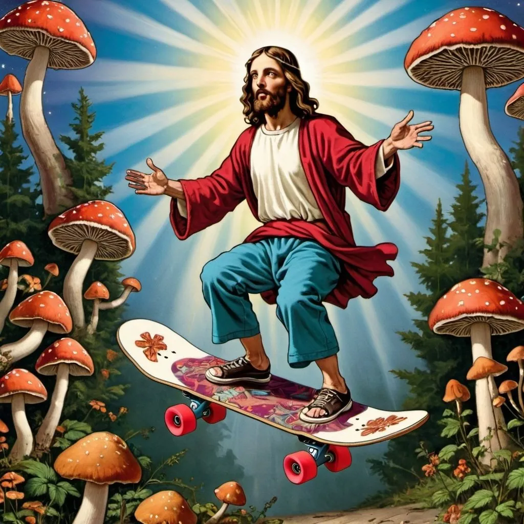 Prompt: magic mushrooms, Jesus skateboarding
