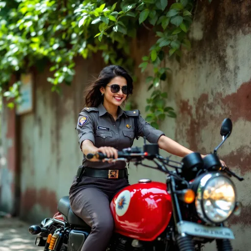 Prompt: A confident police officer radiates joy while perched atop a striking red Royal Enfield motorcycle, set against a backdrop of lush greenery and textured concrete. Clad in a polished uniform with an emblem on the shoulder, she sports stylish sunglasses that add a modern twist to her authoritative presence. The scene captures a sunny ambiance, highlighting the gleaming chrome of the motorcycle and the vibrant colors of the surroundings, while her beaming smile hints at a blend of empowerment and passion for her role. With the angle capturing both her and the bike in a dynamic composition, the image speaks to strength, individuality, and a spirited approach to duty.